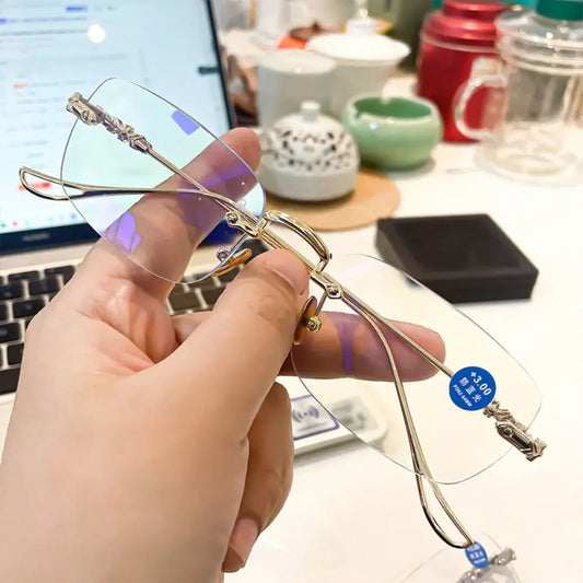 Small Rectangular Frame Anti Blue Light Photochromic Glasses Women Mental Vintage Rimless Color Change Eye Protection Spectacles