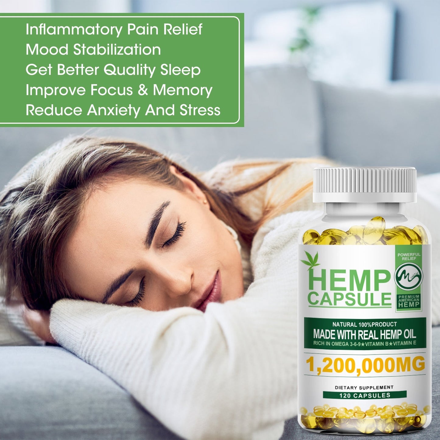Hemp Seed Oil 120 Softgels for Calm,Sleep,Str