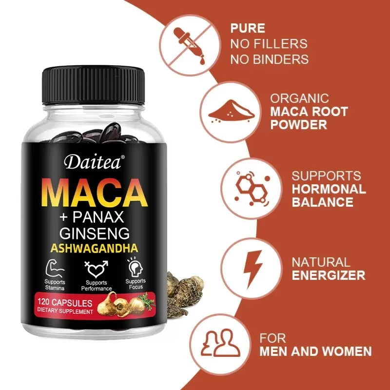 Maca Root Capsules (With Black Maca) + Red Ginseng Extract to Support Energy, Endurance and Performance