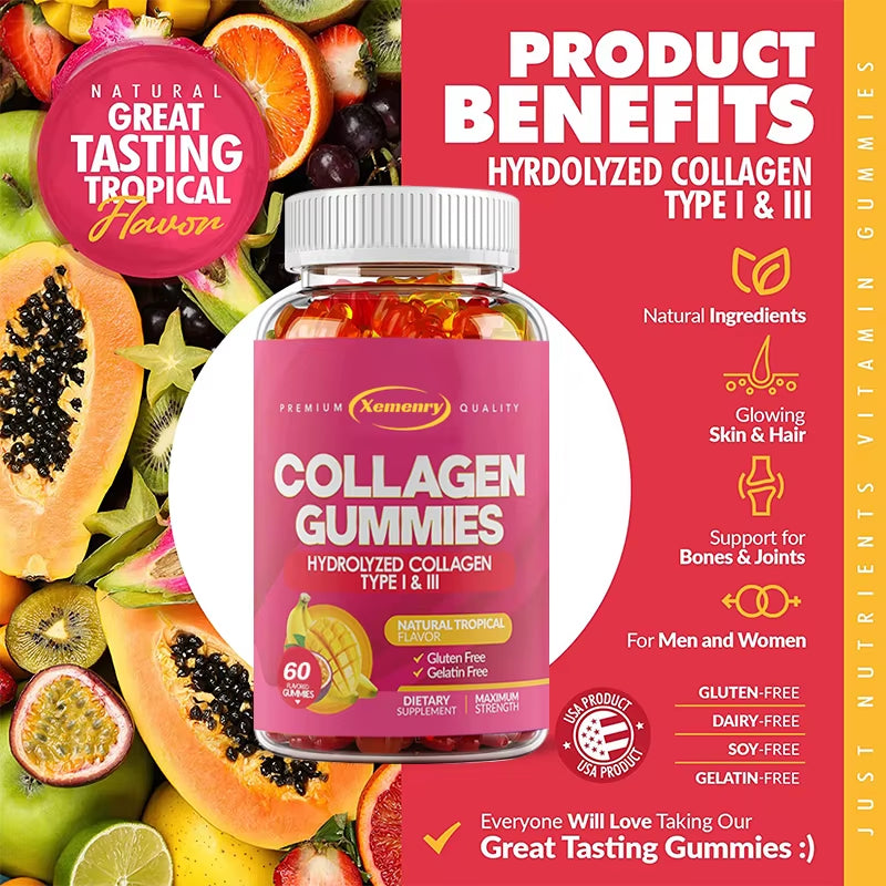 Collagen Gummies - for Hair, Skin, Nails & Joints - Hydrolyzed Collagen Type I & III