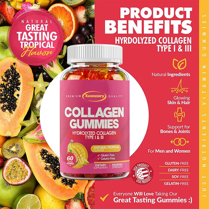 Collagen Gummies - for Hair, Skin, Nails & Joints - Hydrolyzed Collagen Type I & III