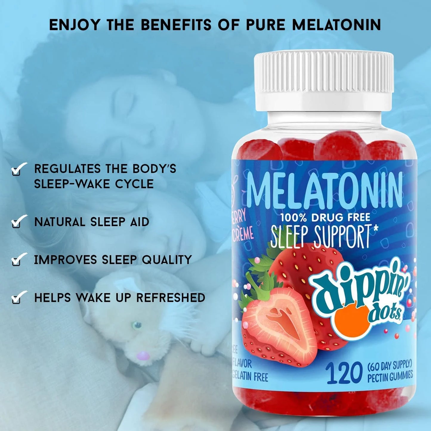 Dippin’ Dots Melatonin Gummies Sleep Supplement Strawberry Sunset Sleeping Gummies for Adults and Kids, 60 Count