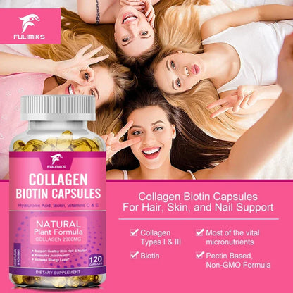 Collagen 2000 mg with Biotin 2500 mcg, 3 g Protein, Hyaluronic Acid, and Vitamin C - Dietary Supplement for Men and Women