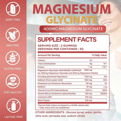 Magnesium Glycinate Gummies - Improve Sleep, Relax Nerves, Brain Health, Strengthen Muscles and Bones