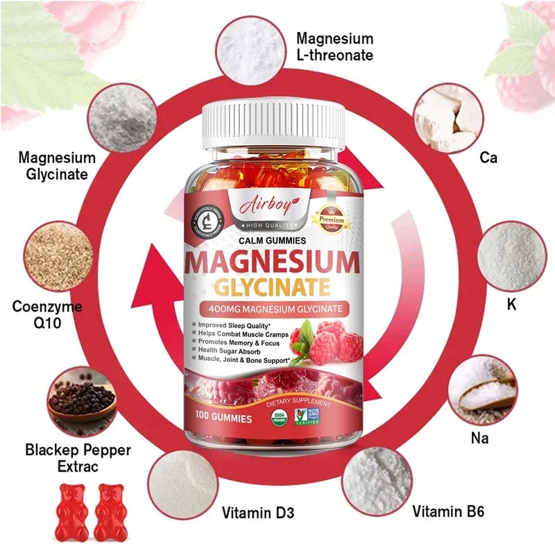 Magnesium Glycinate Gummies - Improve Sleep, Relax Nerves, Brain Health, Strengthen Muscles and Bones