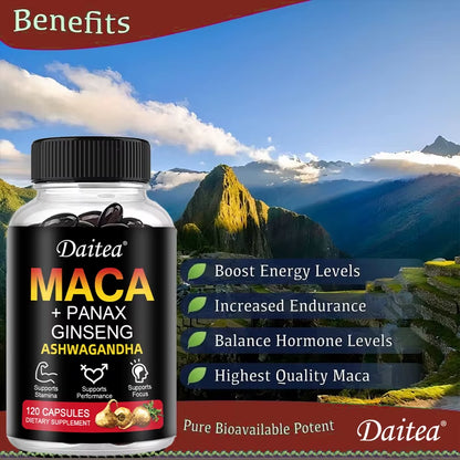 Maca Root Capsules (With Black Maca) + Red Ginseng Extract to Support Energy, Endurance and Performance