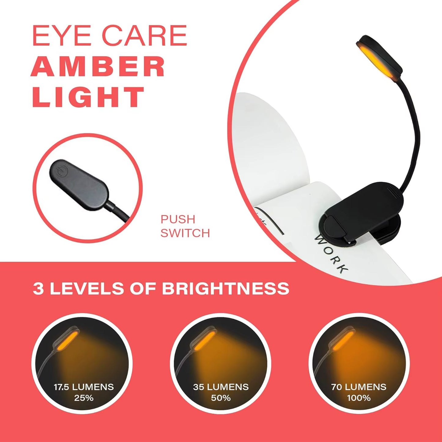 Rechargeable Clip on Blue Blocking Amber LED Light for Reading in Bed 1600K Eye Care Light for Strain-Free Healthy Eyes