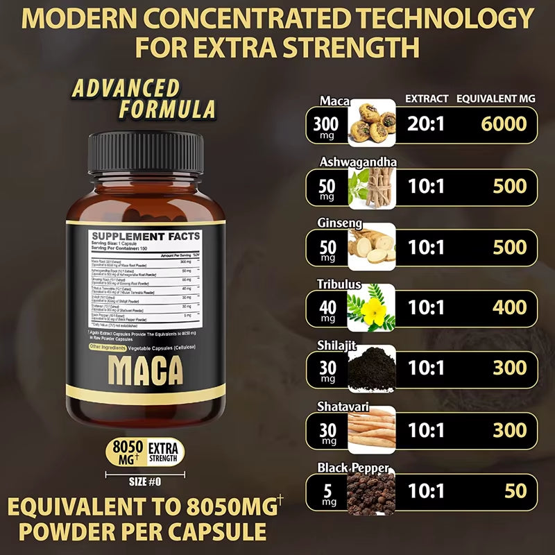 Maca Root Capsules - Natural Energy Supplement, Supports Athletic Performance and Motivation, Builds Muscle and Strengthens