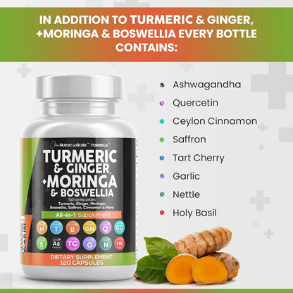 Turmeric Curcumin 30000Mg Ginger 3000Mg Moringa 50000Mg Boswellia 3000Mg Saffron 2000Mg - Joint Support Supplement for Women and Men with Ceylon Cinnamon, Quercetin, Tart Cherry - 120 Caps