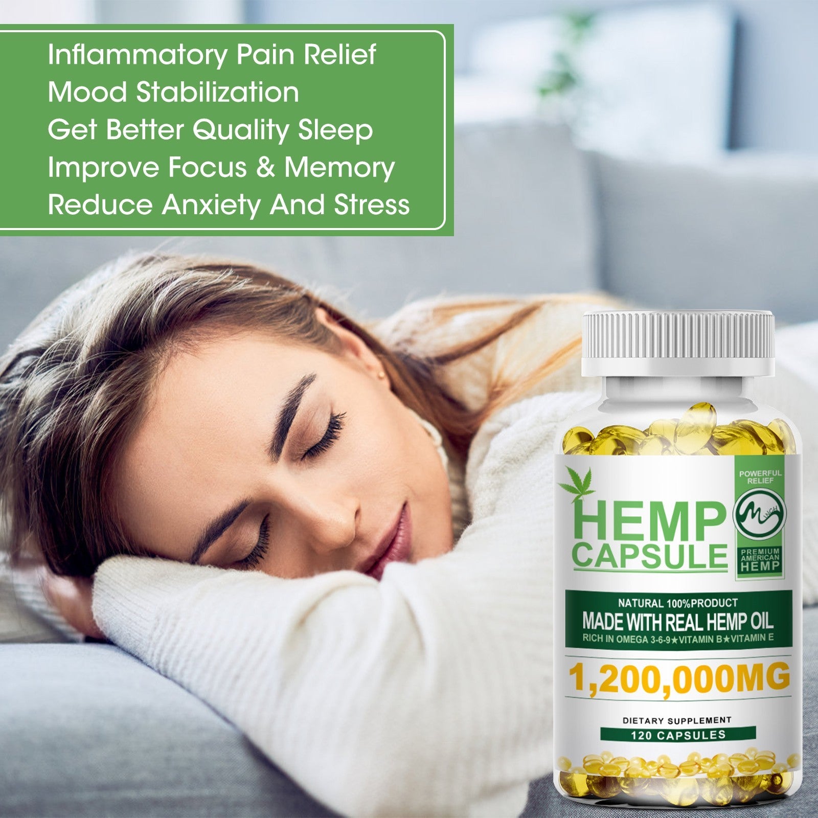 Hemp Seed Oil 120 Softgels for Calm,Sleep,Str